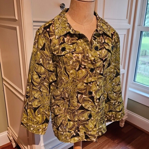 Christopher & Banks Green & Black Top, Size Small Button Up Long Sleeves - Picture 2 of 7